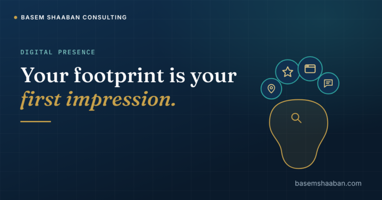 Your footprint is your first impression: a footprint made of a map pin, star, website window and chat bubble
